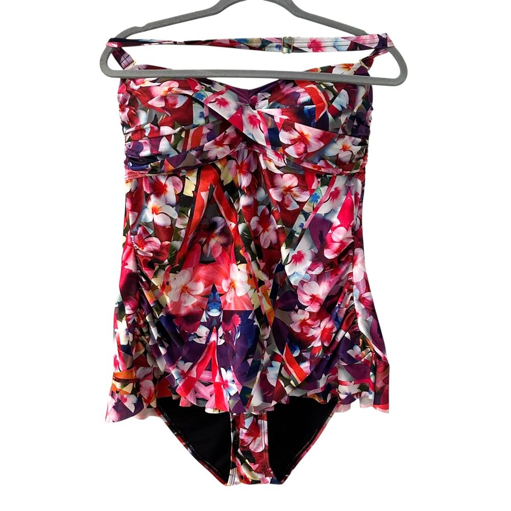 Swimsuits for All Shore Line Multicolor Floral Backles Neck‎ Strap Swim Dress 18